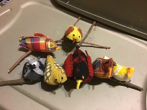 Fabric scraps sticks buttons string